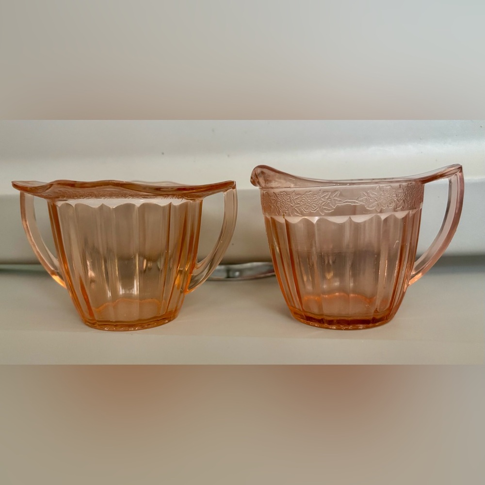 Vtg Jeanette Adam Pattern Pink Creamer & Sugar Bowl (No Lid) Depression Glass